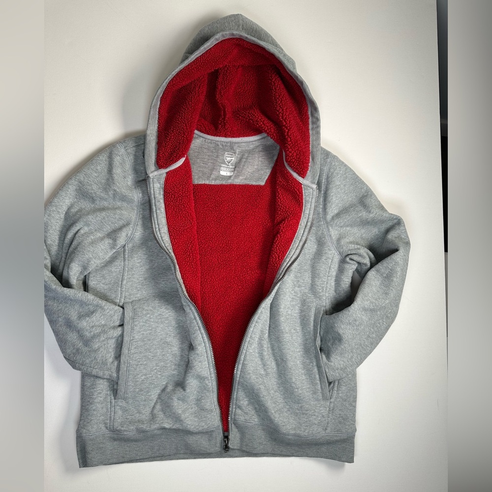 Arsenal Gray Hoodie Jacket, Thick Red Sherpa Lining, Full Zip, L